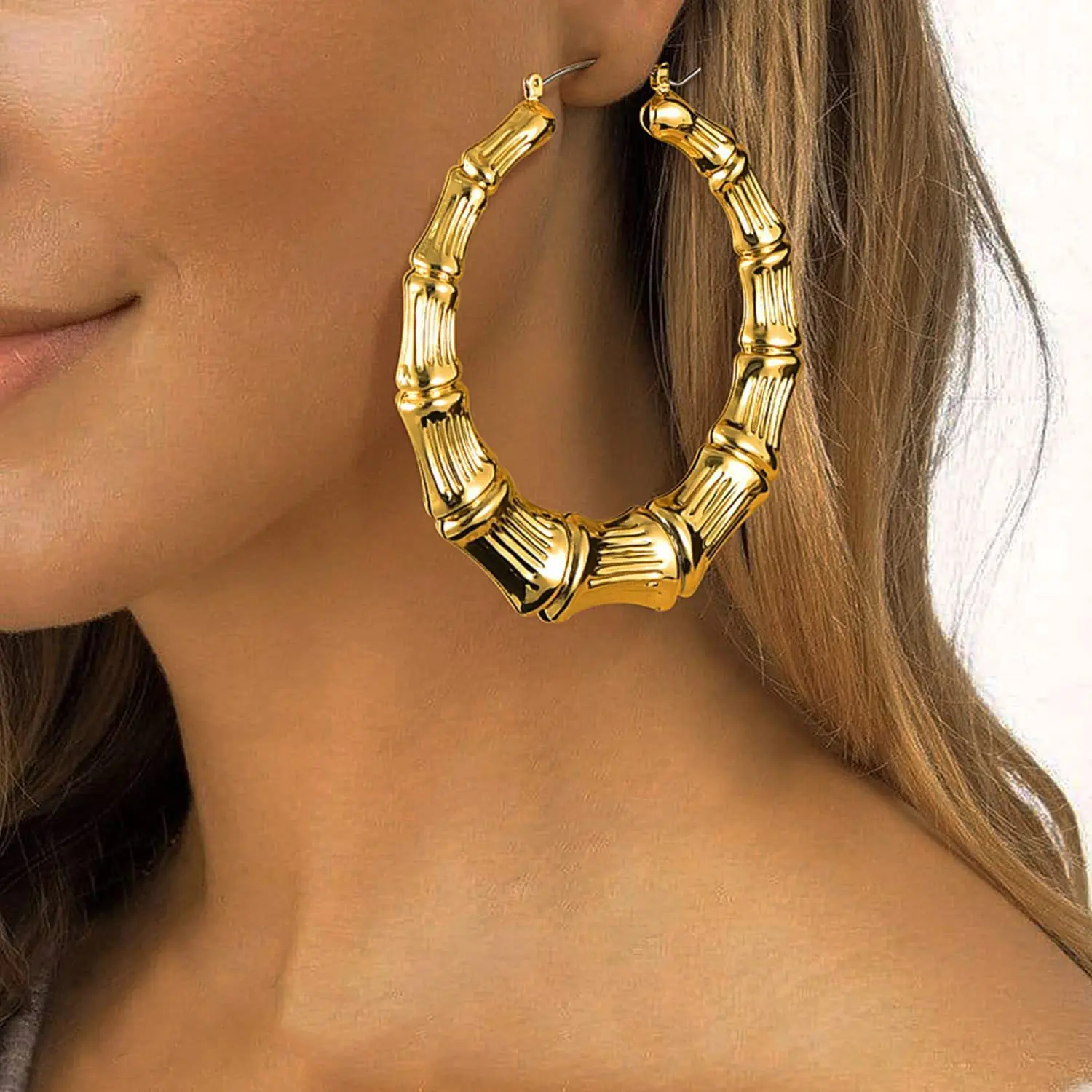 Punk Goldfarbene Große Bambus-Creolen für Frauen Geometrische Große Runde Metall-Ohrringe Übertriebener Partyschmuck Geschenke – Detail 6
