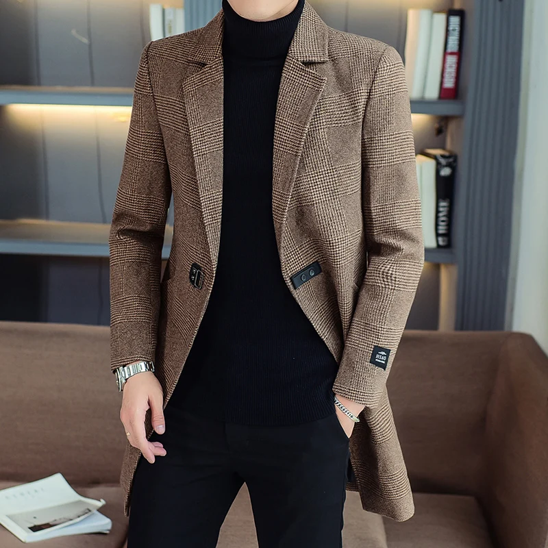 

Мужское утепленное шерстяное пальто средней длины, весна-осень, новая корейская модная повседневная модель с одной пуговицей и клетчатым дизайном