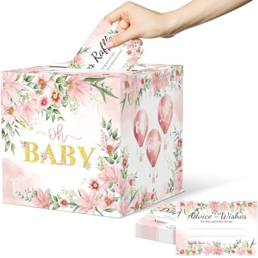 Baby Shower Games Floral Diaper Raffle Box for Baby Shower 50 PCS Diaper Raffle Tickets Card Box with Advice and Wishes for the