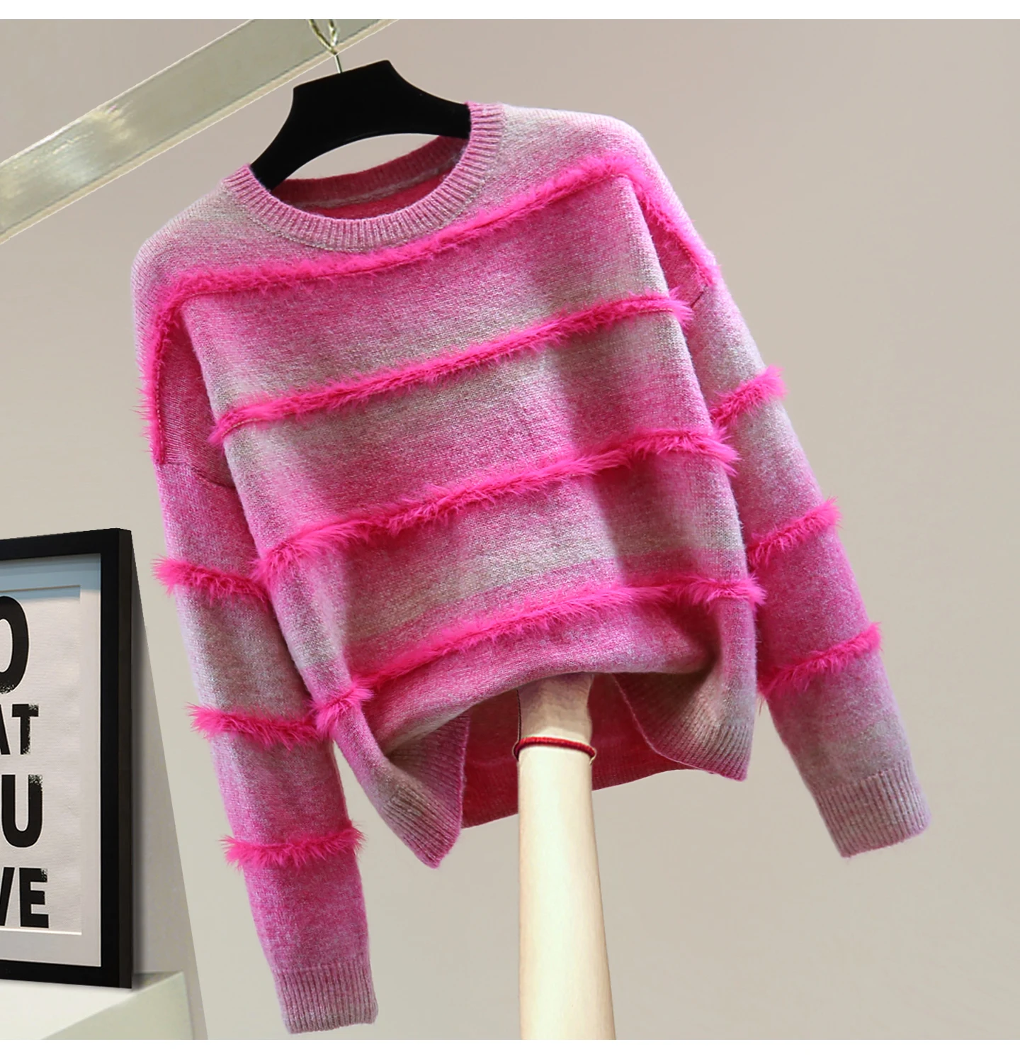 

Ladies Gradient Stripe Mohair Round Neck Knitted Sweater, 2025 Autumn Winter Striped Long Sleeve Women's Sweater Trendy Pull