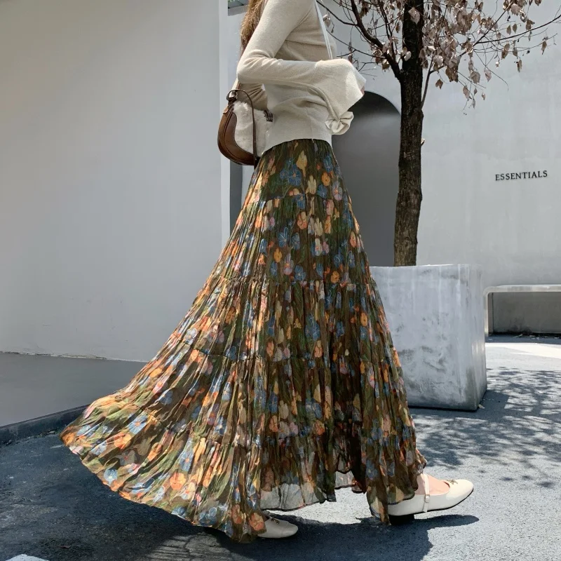 

Юбка с цветочным принтом, женская длинная корейская шифоновая юбка трапециевидной формы для отдыха, путешествий, отпуска, универсальная модная многослойная плиссированная юбка