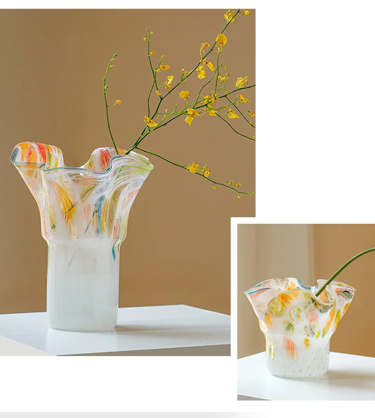 Light luxury high-end colored medieval glass vase ornament living room flower arrangement living room artistic large-diameter fl