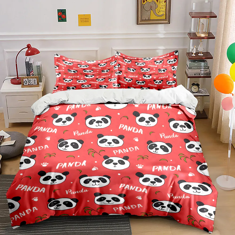 Cartoon panda pattern on red background Pattern Duvet Cover Set Digital Print Colorful Polyester Bedding with Zipper Closur