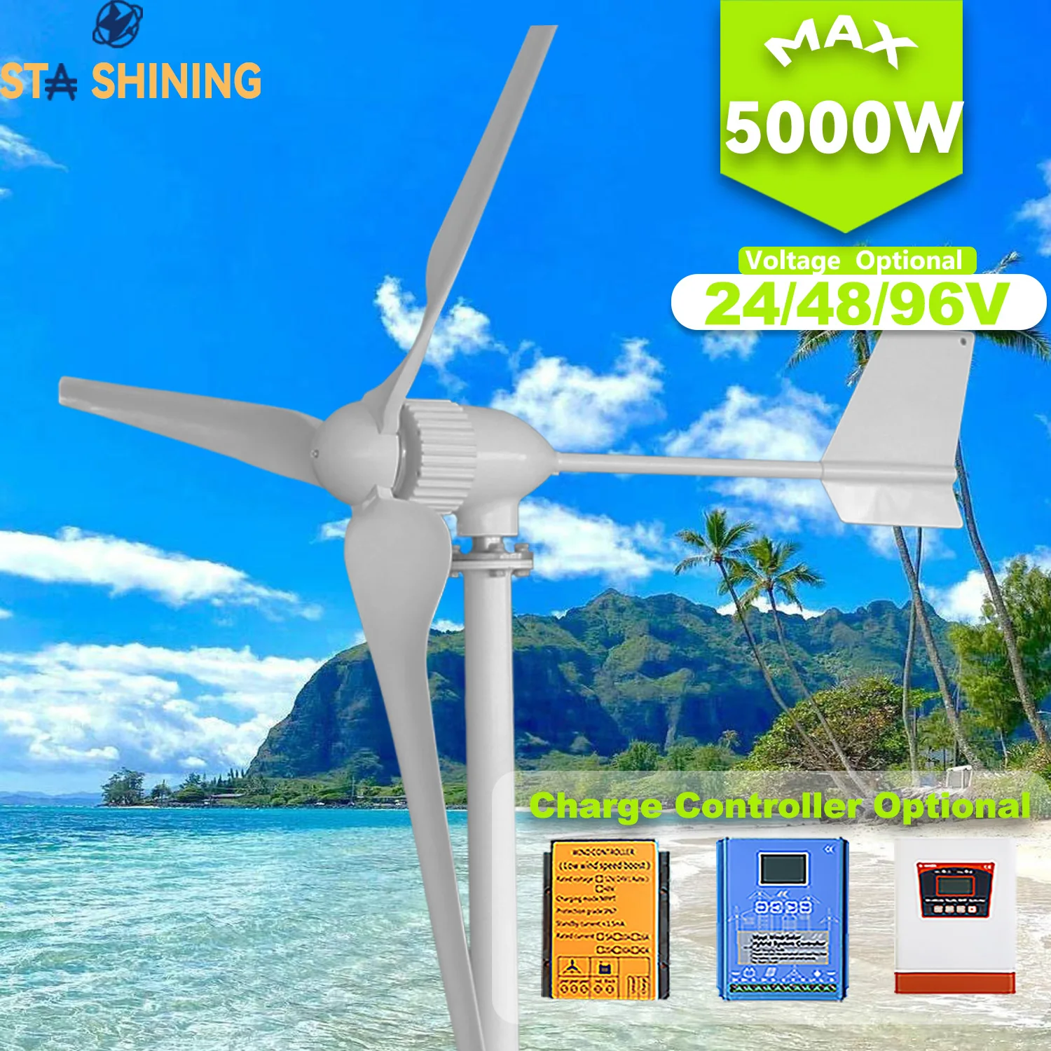 

【Higher-Output】Horizontal Wind Turbine Generator 5000W Max Windmill W/ MPPT Hybrid Charge Solar Wind Off-Grid System, 3 Blades