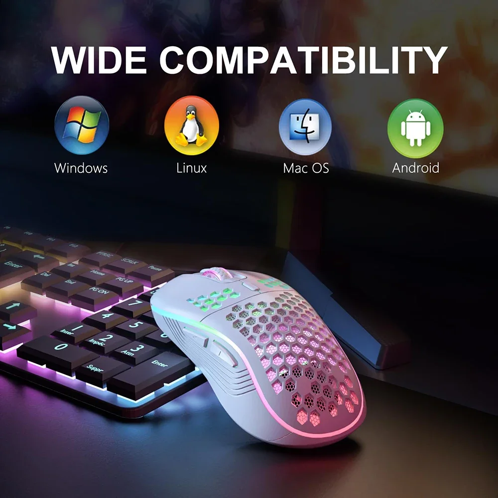 2.4G Wireless Gaming Mouse RGB Lighting Charging Mouse with Adjustable DPI Ergonomic Honeycomb Design Mice for Desktop Laptop