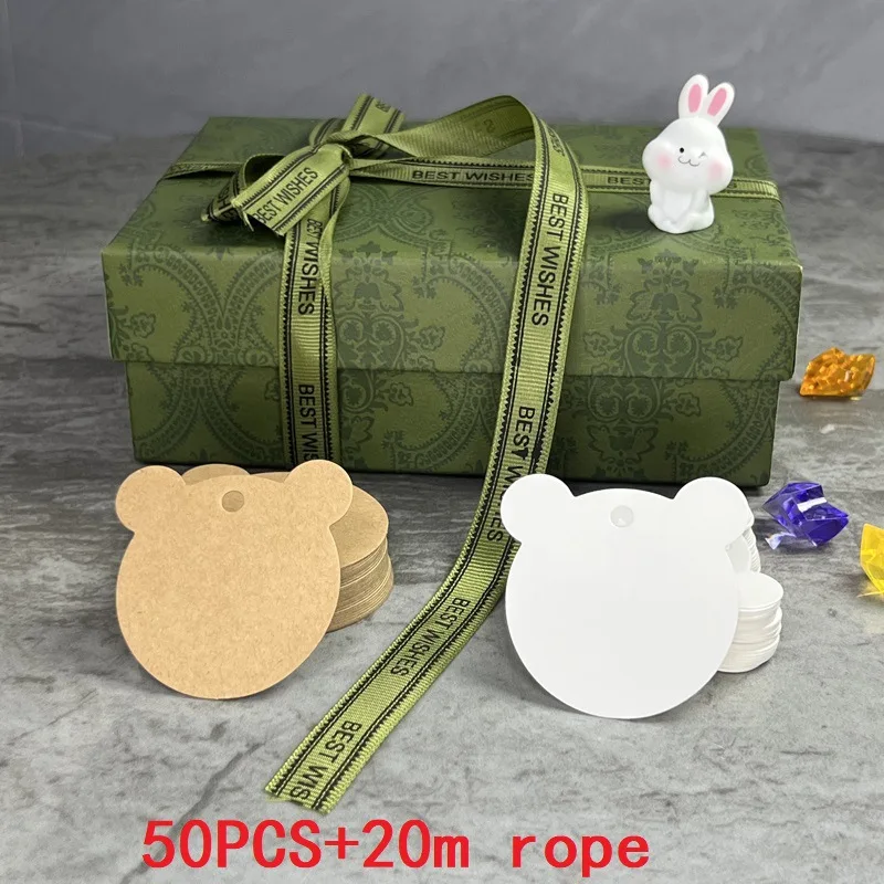 50pcs Blank Kraft Paper Tags Garment Tag Bear Head Shape Gift Tag DIY Price Label Cards with Rope