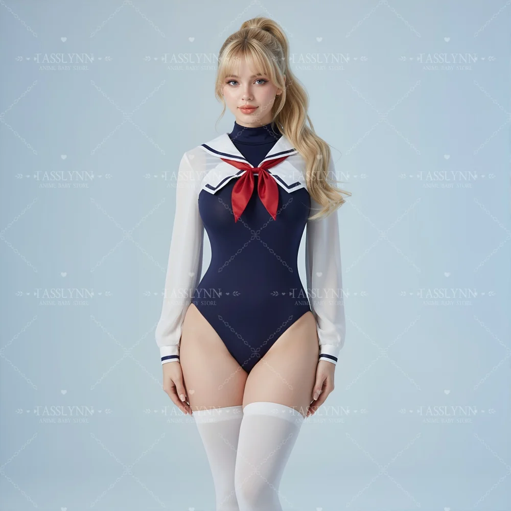 Maiô Feminino de Manga Longa Estilo Marinheira Japonesa, Roupa de Banho de Uma Peça, Estilo Anime, Maiô de Gola Alta para Mulheres