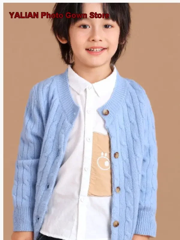 Kids Solid Color Open Cardigan Boys Autumn Thickened Cable Knit Jacket for 2025 Season