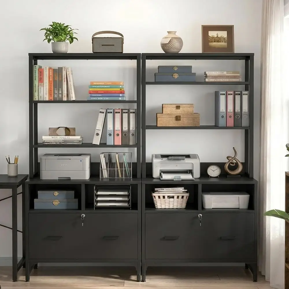 

Double Black Office Storage Cabinets with Charging Station and Printer Stand
