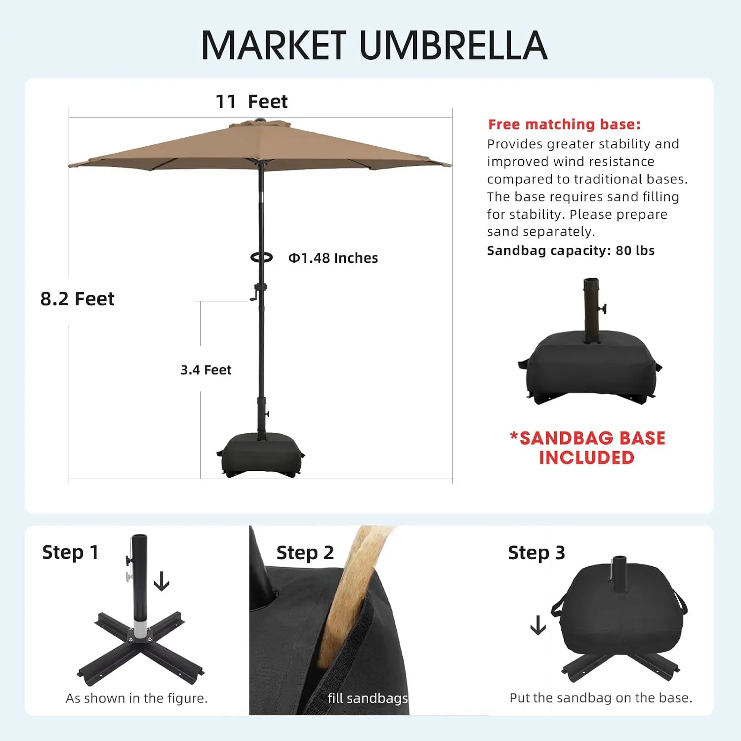11FT Patio Umbrella with Base, 8 Ribs Waterproof Fade Resistant Polyester Canopy for Outdoor Deck Lawn Garden Pool, Customized