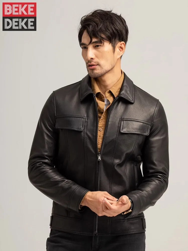 

High Quality Autumn New Business Men Sheepskin Genuine Leather Jacket Zipper Slim Fit Work Coat Lapel Collar Motor Biker Outwear