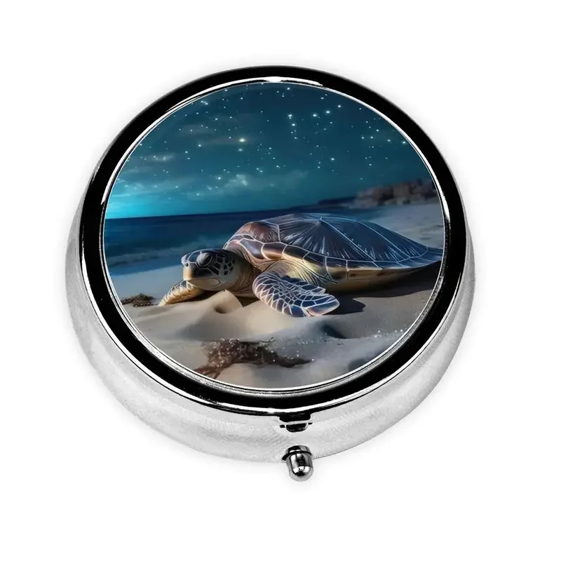 

Beach turtle 3 cell pill box cell portable pill box pocket or purse decorated with metal medicine vitamin travel unique gift