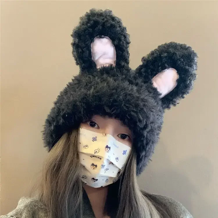 Sweet Rabbit Ears Hats Kawaii Plush JK Lolita Fur Funny Gift Japanese Women Winter Warm Thickened Cap Bomber Hats Cosplay Hat