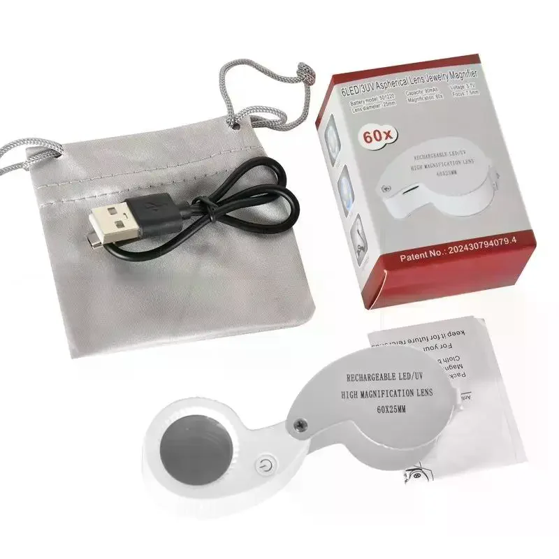 1 Set 40X 60X Foldable Magnifying Glass With UV LED Lights Illuminated Magnifier For Jewelers Gems Coin Rechargeable Magnifier