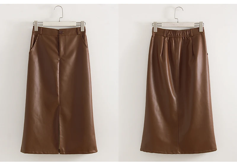 Long Leather Skirts For Women Brown High Quality PU Midi Bodycon Skirt Front Split High Waist Women's Leather Skirt Black Midi