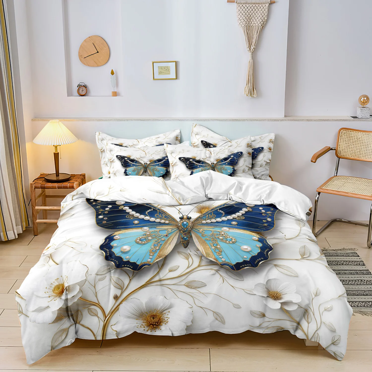 Jewel Pearl Butterfly Print Duvet Cover Set, 3 Pieces Golden Branch White Floral Luxury Blue Crystal Butterfly Pattern Bedding