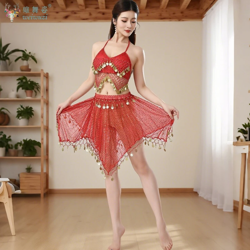 

Women Belly Dance Costume Outfit Set India Dancing Coins Suspender Top+Sparkle Skirt Adult Dance Practice Party Prom Skirt