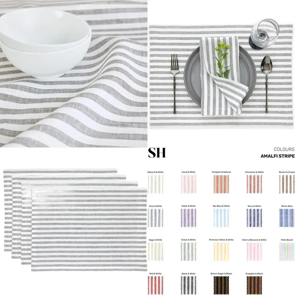 

Set of 4 Amalfi Stripe Linen Placemats - Grey & White, 14x19 Inches, Pure Linen 100%