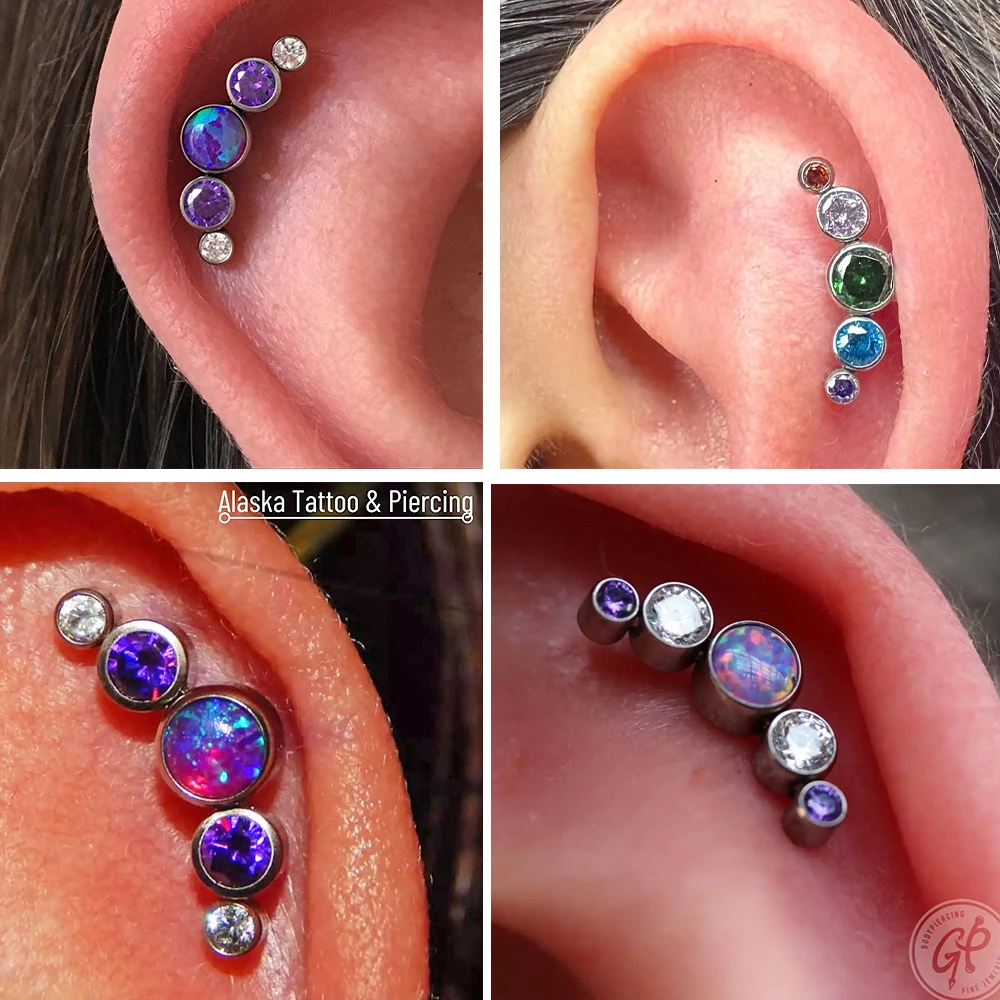 1PC Stainless Steel Internal Thread Labret Lip Ring Opal&Zircon Cluster Curved Ear Cartilage Tragus Helix Daith Piercing Jewelry