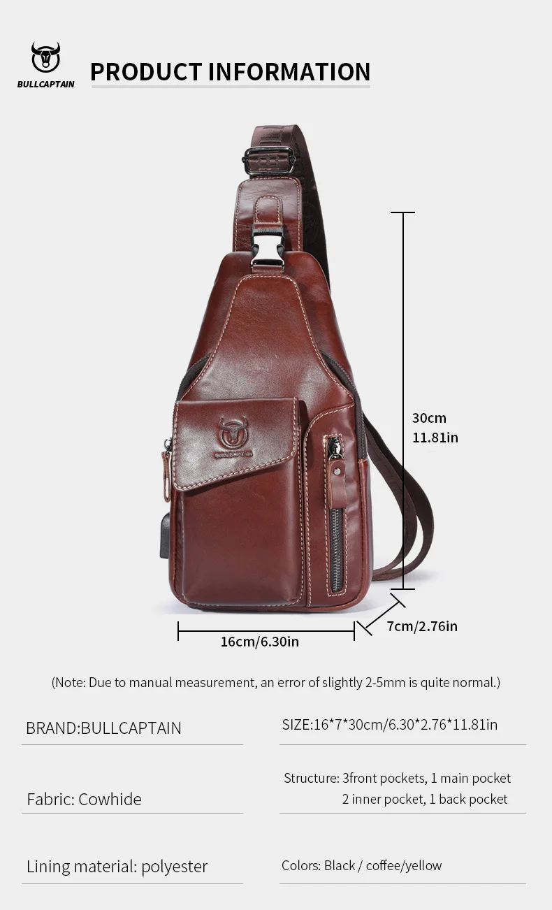 BULLCAPTAIN Echtleder Sling-Rucksack für Herren USB-Ladeanschluss Brusttasche Crossbody Schultertasche Lässiger Tagesrucksack für Arbeit und Reisen – Detail 8