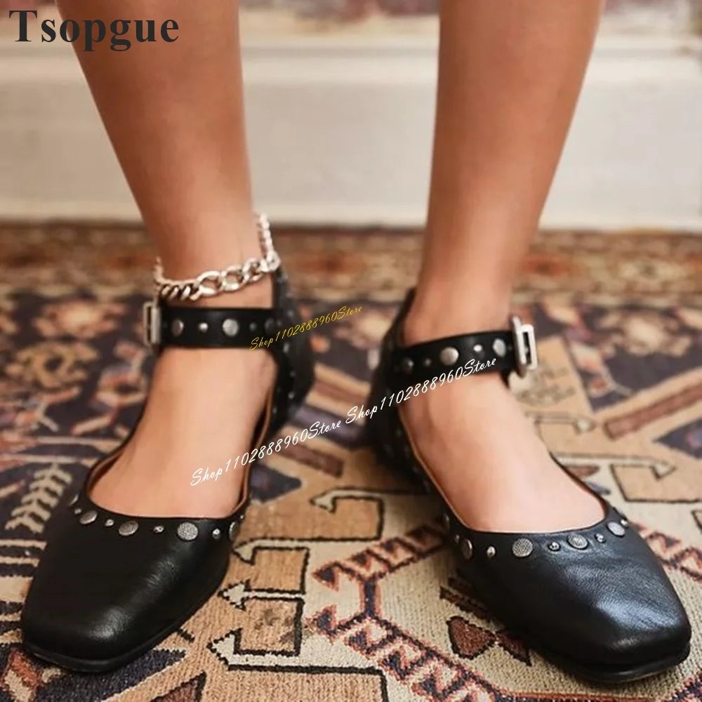 Trending Black Leather Rivet Decor Casual Pumps Flat With Women Shoes Buckle Strap Round Toe 2024 Fashion Zapatos Para Mujere