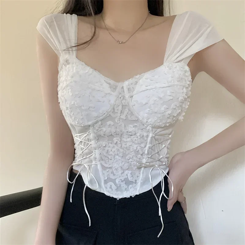 Women Bandage Sexy Lace Tops Strapless Irregular Solid Pleated Crop Tops With Bra Pad 2025 Summer Backless Slim Tank Tops Ladies