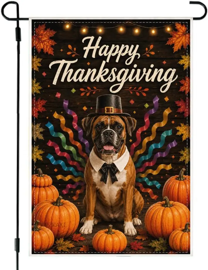 Fall Thanksgiving Boxer Dog Garden Flag 28 x 40 inch Double Sided Use Linen Material Outside decorations,Fall Harvest Flower kkz
