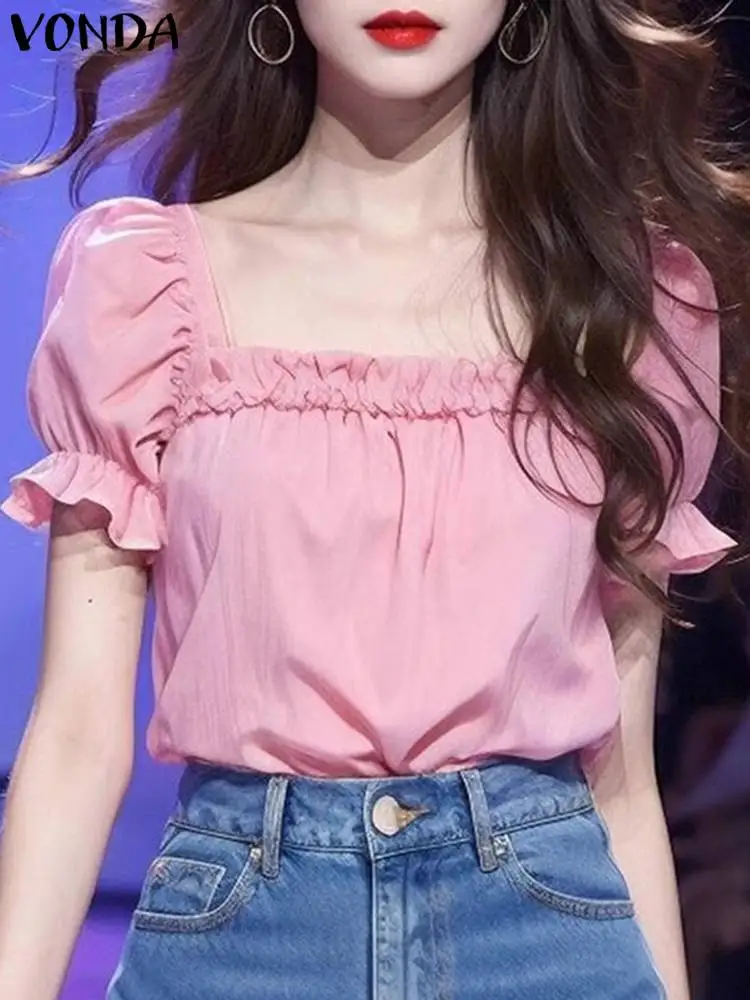 

Модная туника VONDA с оборками 2024, летние однотонные рубашки, женские топы с коротким рукавом, повседневные свободные блузы с квадратным вырезом для женщин