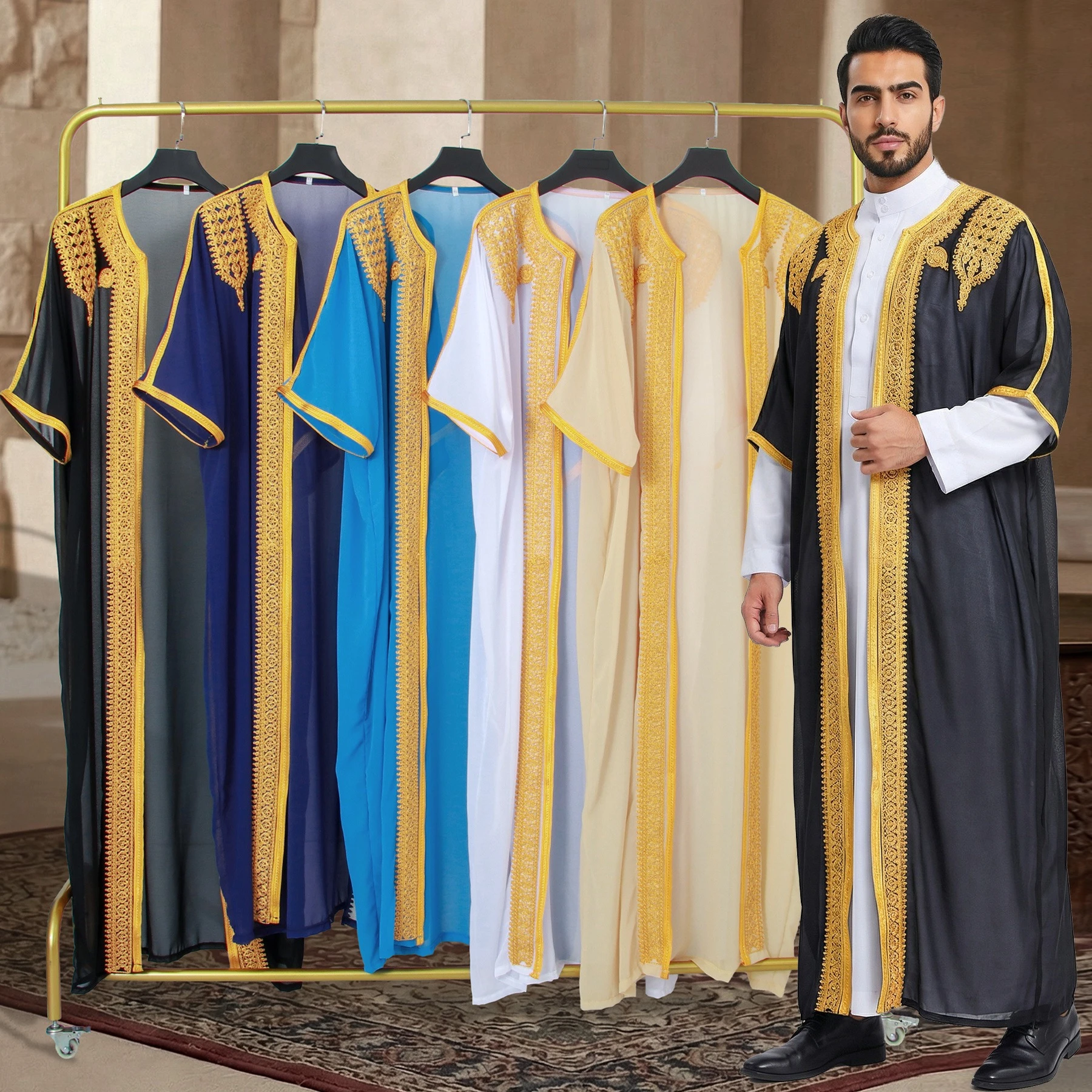 Men's Chiffon Long Robe Eid Ramadan Luxury Djellaba Arabic Traditional Jubbe Thobes Embroidered Lace Kimono Dishdasha Worship