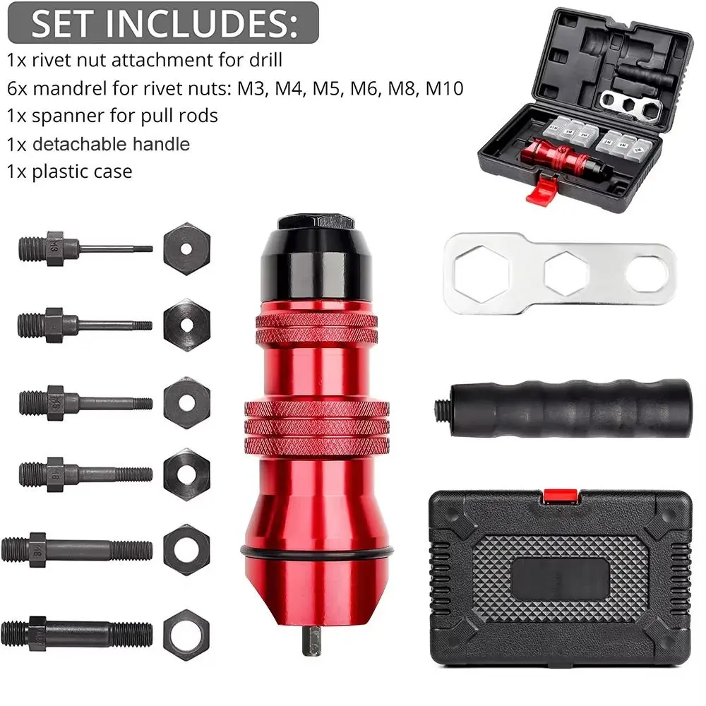 M3 M4 M5 M6 M8 M10 Rivet Nut Tool Adapter Cordless Aluminum Alloy Rivnut Adapter Tool Box Nut Riveter Adapter