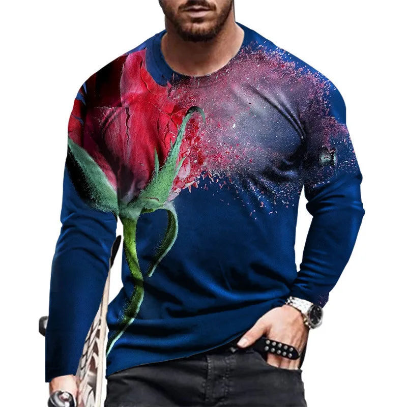 Rose Flower Print Men's Casual T-Shirts 6XL Large Size Long Sleeve Street Hip Hop Pullovers Tops O-Neck Spring Autumn Man Tees