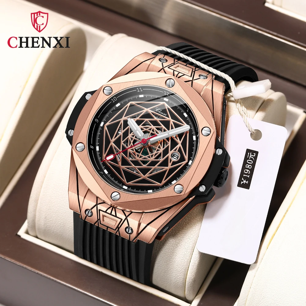 Big Dial Silicone Strap Casual Watch for Men Black Star Fashion Business CHENXI Top Brand Male\'s Watches Waterproof Calendar