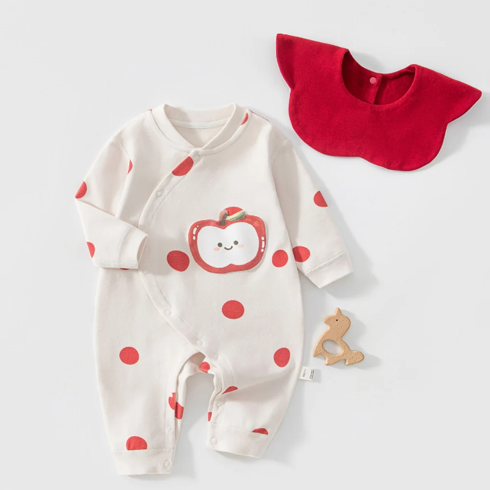 Christmas Baby Girl Romper Long Sleeve Cotton Polka Dot Fall Winter Newborn Boutique Clothing Infant Boy Jumpsuit With Bib