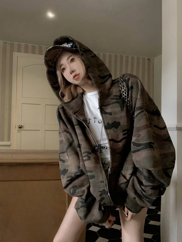 Suéter camuflado hiphop para homens e mulheres, lã pesada, casal, jaqueta cardigã com capuz, feminino