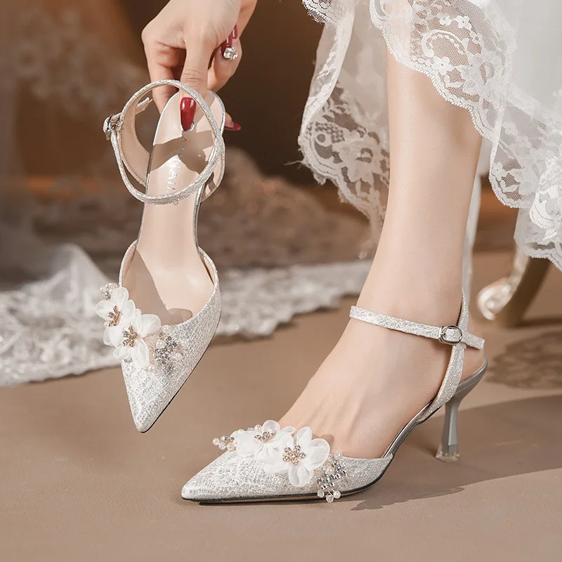 

New Pointed Toe Stiletto Heels Silver Bridesmaid Wedding Shoes Backless Slingback Sandals Flower Embellished Party Dress Pumps