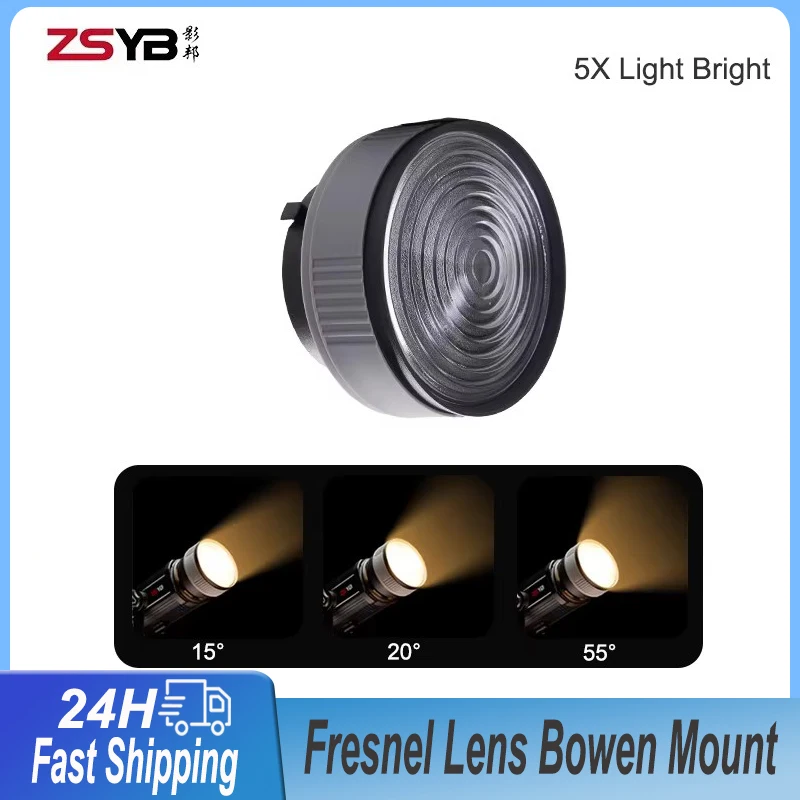 

ZSYB Fresnel 5x Light Bright 15-55 Degrees Smooth Spot to Flood Zoom Lens with Bowens Mount for Led Video Fill Light Spotlight