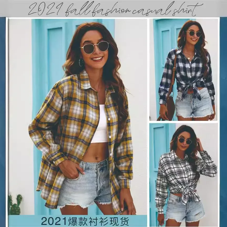 

Women Spring Summer Shirt Plaid Color Turndown Collar Button Long Sleeve Pockets Casual Fashion Comfortable Regular Standard Fit