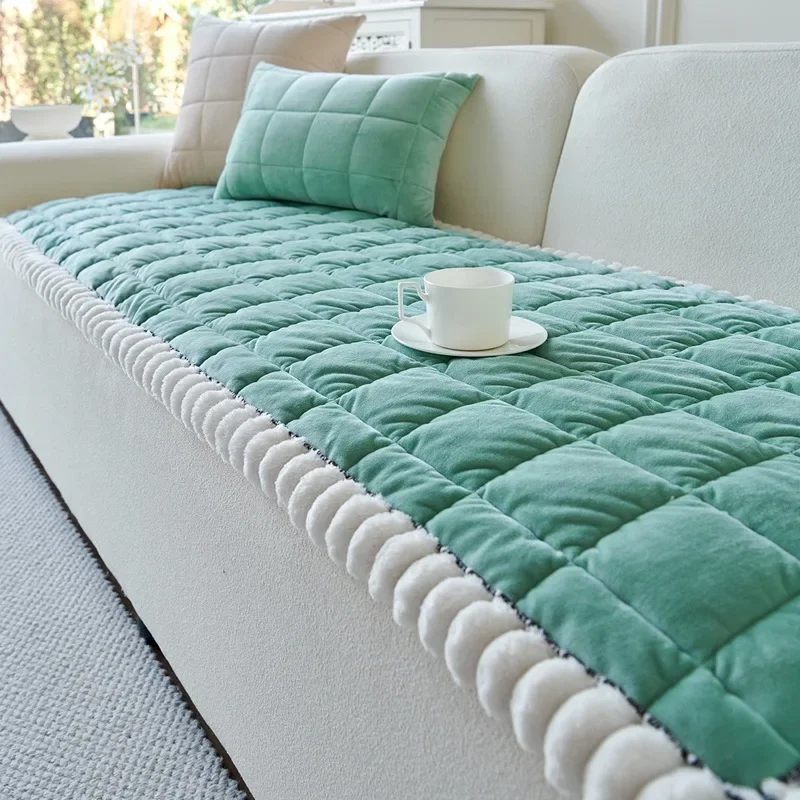 Solid Crystal Velvet Plaid Sofa Cushion Premium Thick Anti Slip Sofa Cover for All Seasons Simple Super Soft Home Accessories