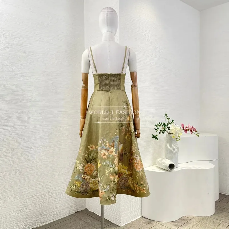 Abito longuette da donna per spaghetti da vacanza in lino senza maniche con stampa floreale verde oliva stile spiaggia