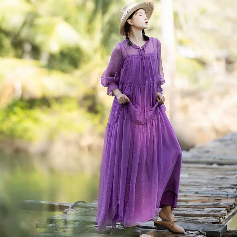 Womens Fashion Long Dresses  Print Streetwear Summer Dress Casual Lantern Sleeve Purple Color Chiffon Dress Roupas Feminina