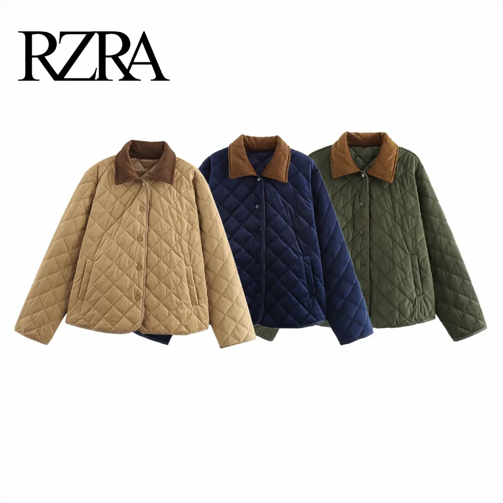 RZRA2024 Autumn New Women's Retro Loose Casual Color Contrast Collar Long Sleeve Thick Suede Quilted Cotton Jacket