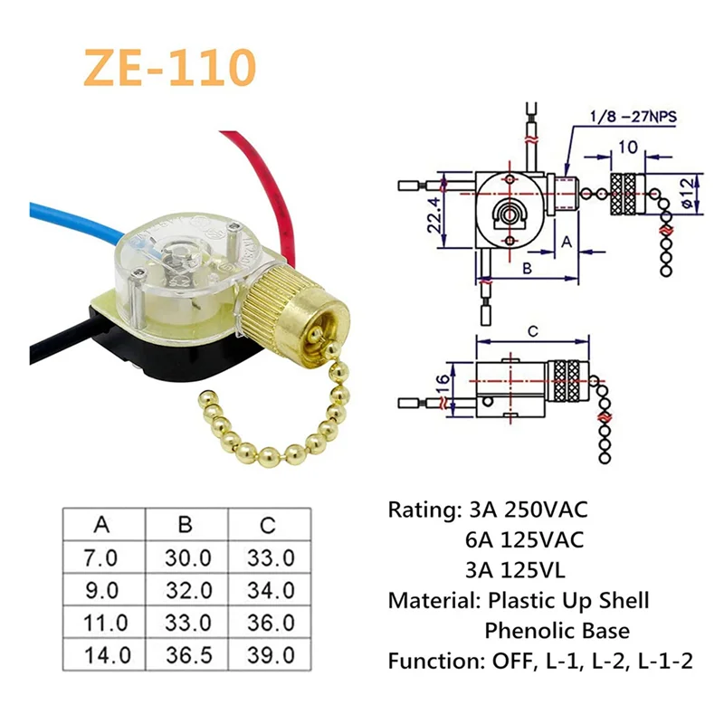 ABZC-6Pack Ceiling Fan Light Switch ZE-110 Fan Switch 3 Way Speed Fan Switch Ceiling Pull Chain Switch Replacement