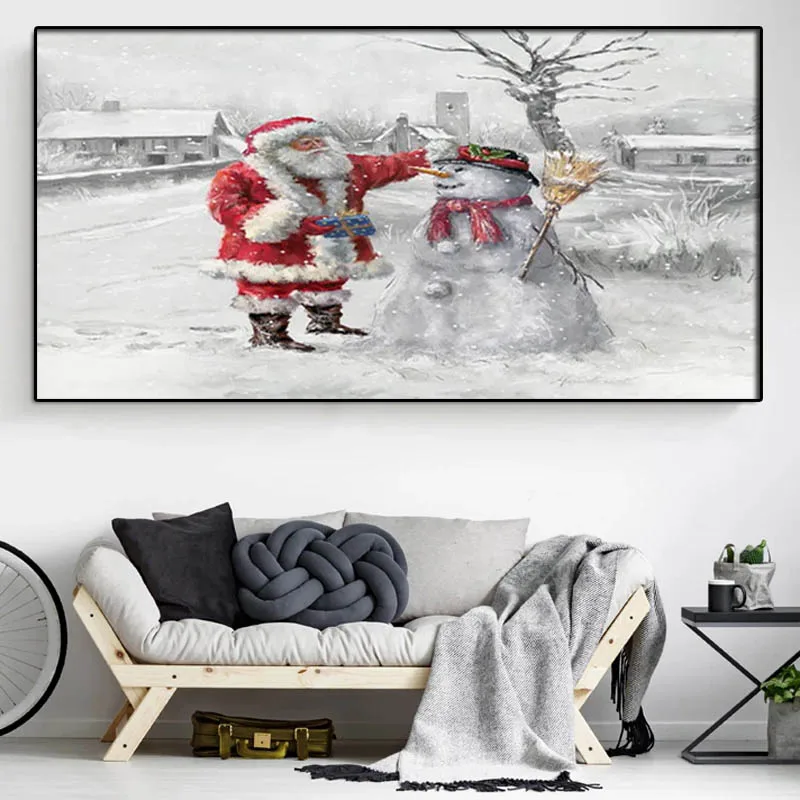 Santa Claus Riding Horses Landscape Poster,Winter Snowman Forest Christmas,For Modern Living Room,Canvas Paintings,Home Decor