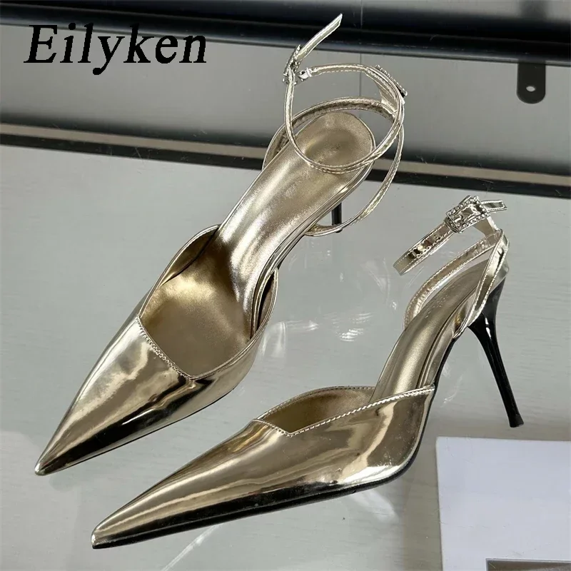 Eilyken Gold Silver Ankle Buckle Strap Women Pumps Sexy Pointed Toe Thin High Heels Slingback Dress Designer Mules Shoes