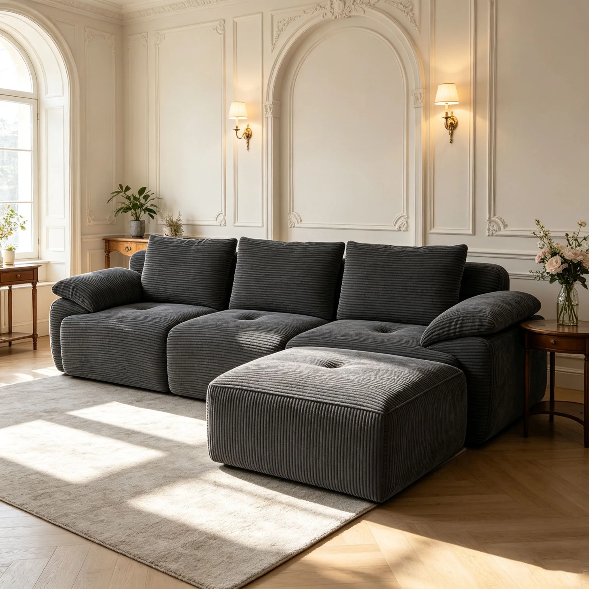 Comanlai, modulares Cordsofa, frei kombinierbare Couch mit tiefem Sitz, dunkelgraues gestreiftes Stoffsofa für das Wohnzimmer, bequemes L-förmiges Sofa-Set für Wohnmöbel