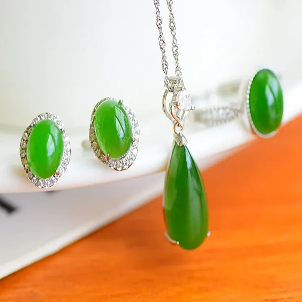 100% Hetian Jade Green Ring Earrings Pendant S925 Sterling Silver Pendant Fashion Jewelry Woman Silver Jade Necklace Set