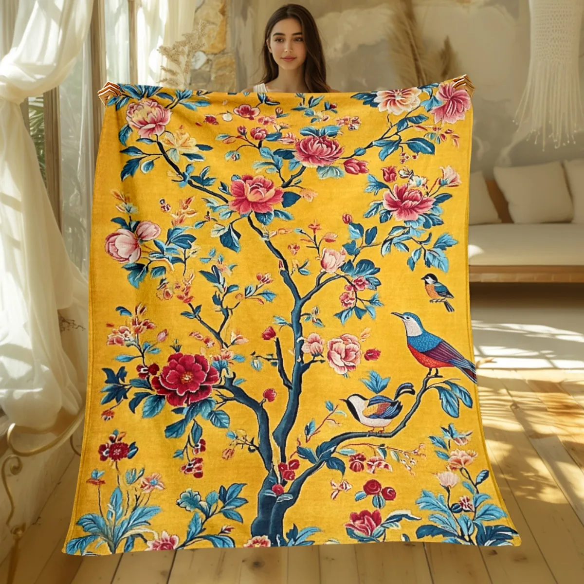 Yellow floral bird tree pattern flannel blanket vintage Chinese style decorative blanket living room sofa throw blankethomedecor
