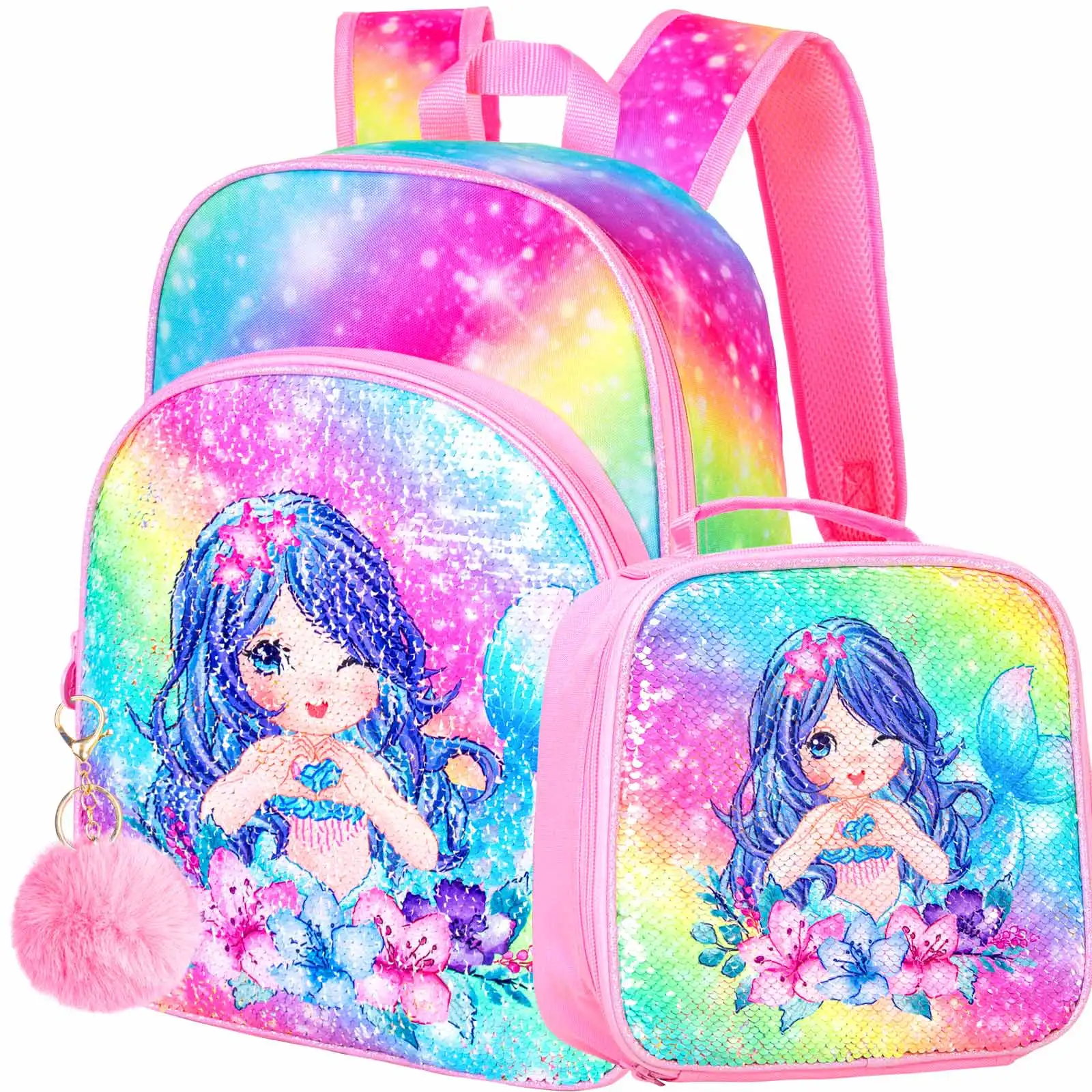 

2PCS Mermaid Backpack for Girls, 16” Preschool Elementary Bookbag, Kids Sequin Cute Backpacks and Lunch Box