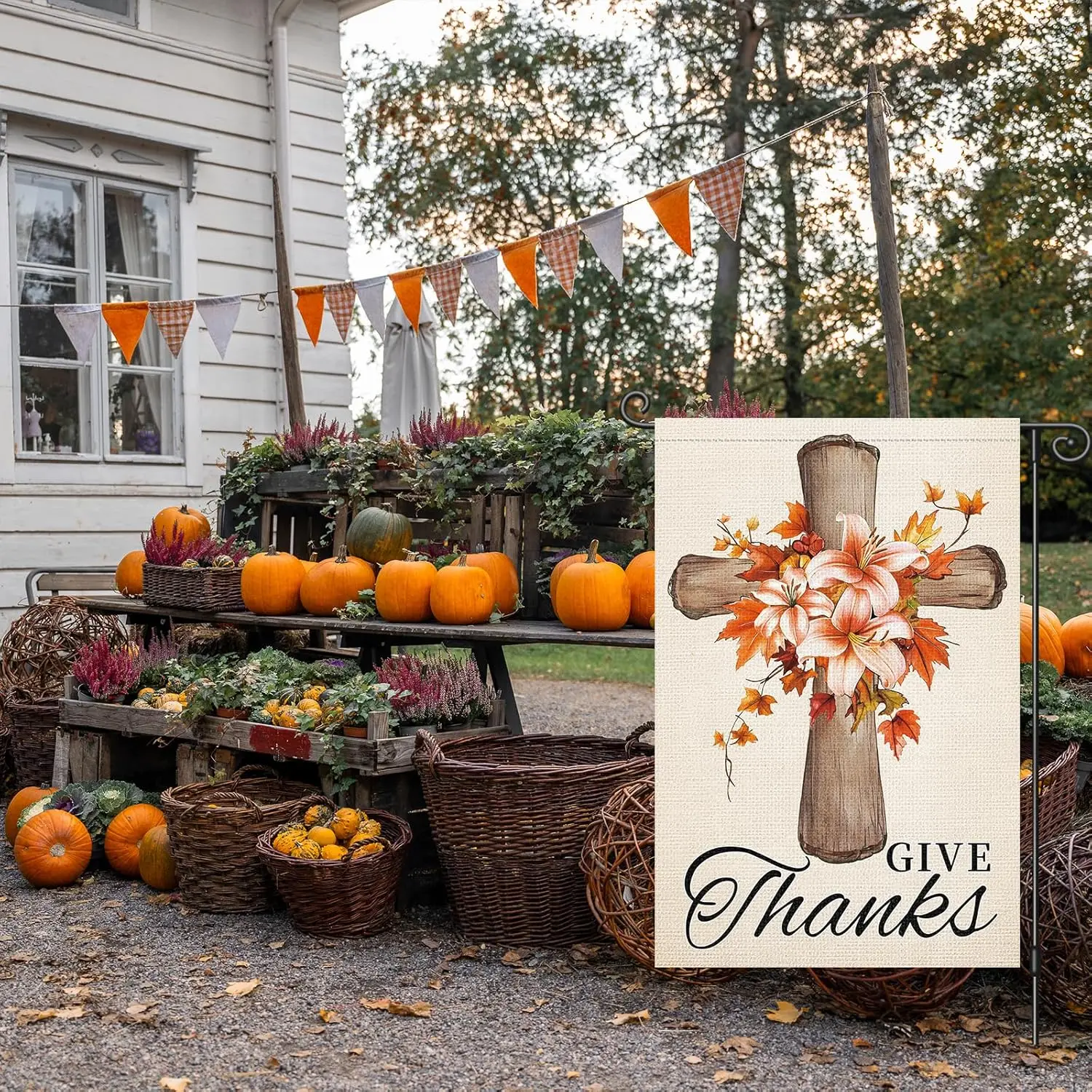 Louise Maelys Fall Thanksgiving Garden Flag Give Thanks Floral Cross 12x18 Inch Double Sided Lily Flower Maple Holiday Seaso WZZ