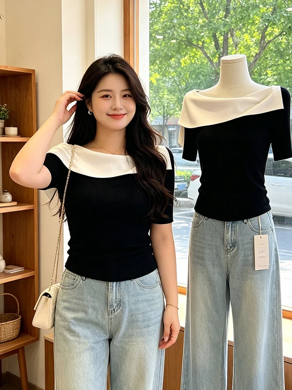 plus Size Korean Style Splice Color Block One Shoulder Short Sleeve Slimming T-Shirt Women's Summer New Fashion Versatile Top